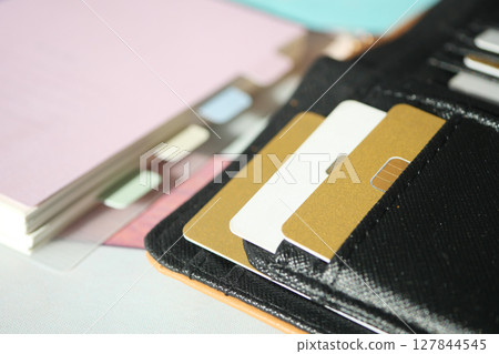 Wallet with cards and documents on a table 127844545