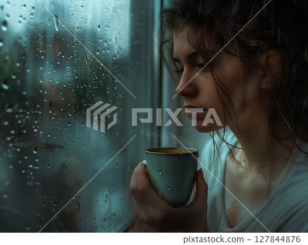 A pensive woman drinking coffee by a rainy window 127844876