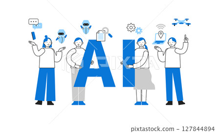 Men and women using AI, illustrations of people solving problems People living in harmony with AI 127844894