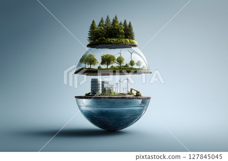 Futuristic globe divided into three layers, showcasing forest, renewable energy sources, and urban development, symbolizes harmony with nature 127845045