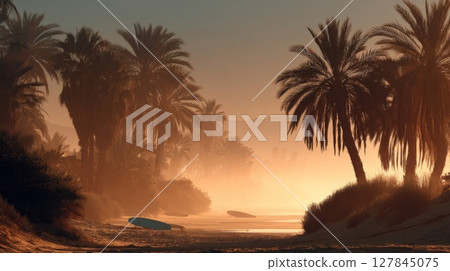 Serene Desert Oasis Sunset with Silhouetted Palm Trees 127845075