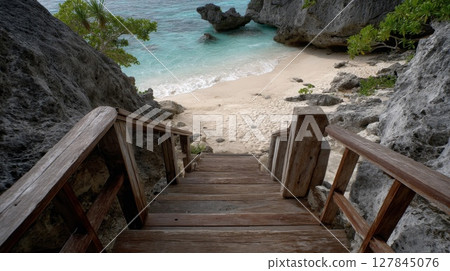 Wooden Stairs Leading to Secluded Tropical Beach 127845076