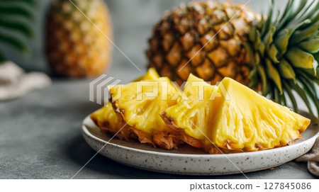 Ripe Pineapple Slices on a Plate 127845086