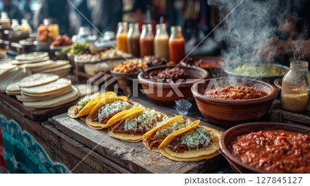 Vibrant Mexican Street Food Tacos and Condiments 127845127