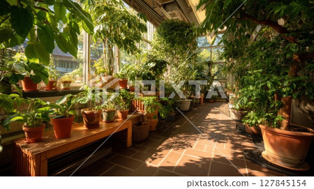 Sunlit Greenhouse with Lush Greenery and Terracotta Pots 127845154