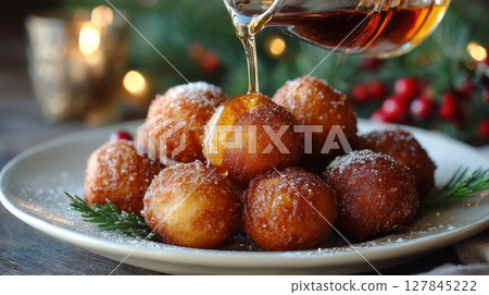 Golden Brown Round Desserts Drizzled with Syrup 127845222