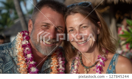 Happy Couple Wearing Flower Leis in Tropical Setting 127845244