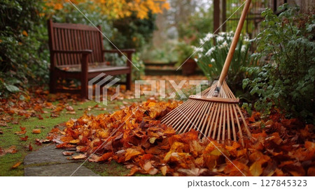 Raking Autumn Leaves in a Garden Raking Autumn Leaves in a Garden 127845323