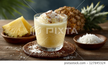 Creamy Pineapple Coconut Smoothie on Wooden Table 127845324