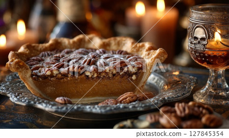 Warm Pecan Pie on Silver Plate with Candles 127845354