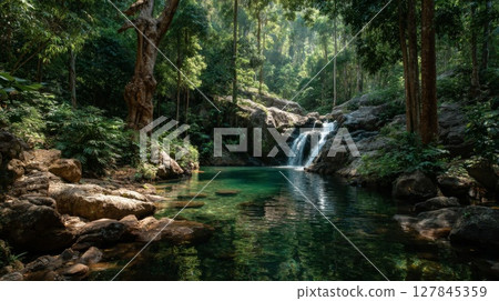 Serene Waterfall in Lush Tropical Forest 127845359