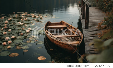 Wooden Rowboat on a Calm Lake with Lily Pads 127845409