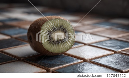Closeup of a Halved Kiwi on a Brown and Beige Tiled Surface 127845522