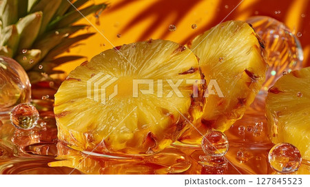 Ripe Pineapple Slices in Water Droplets on Orange Background 127845523