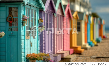 Colorful Beach Huts in a Row on a Sunny Day 127845547