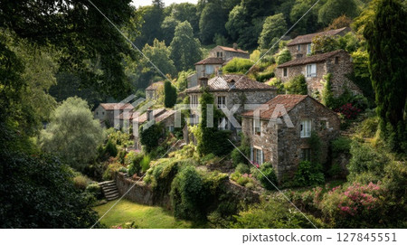 Stone Village Houses on a Hillside, Sunlit Green Landscape Stone Village Houses on a Hillside, Sunlit Green Landscape 127845551
