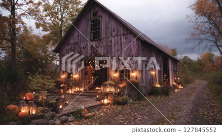 Rustic Barn Decorated for Autumn with Pumpkins and Candles Rustic Barn Decorated for Autumn with Pumpkins and Candles 127845552