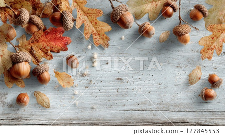 Autumn Acorn and Oak Leaf Border on Weathered Wood 127845553