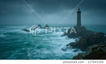 Dark Moody Seascape: Lighthouse on Rocky Coast During Storm 127845584