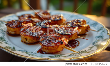 Grilled Shrimp Skewers on a Plate 127845627