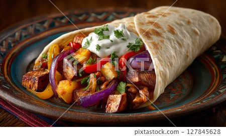 Warm Burrito with Saucy Vegetables on Rustic Plate 127845628