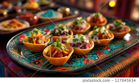 Colorful Mini Tacos on Ornate Tray 127845634