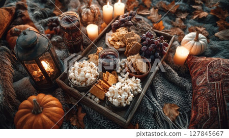 Autumnal Picnic with Warm Lighting and Cozy Atmosphere Autumnal Picnic with Warm Lighting and Cozy Atmosphere 127845667