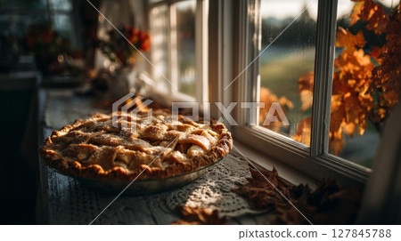 Golden Apple Pie on Windowsill in Autumn Sunlight 127845788