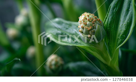 Close Up of Green Plant Bud with Dew Drops 127846038