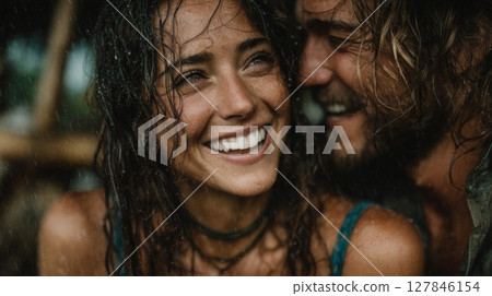 Happy Couple Laughing in the Rain 127846154