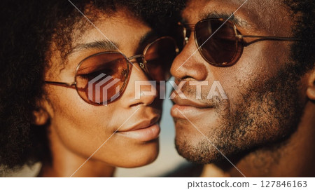 Close Up Portrait of a Romantic Couple Wearing Sunglasses Close Up Portrait of a Romantic Couple Wearing Sunglasses 127846163