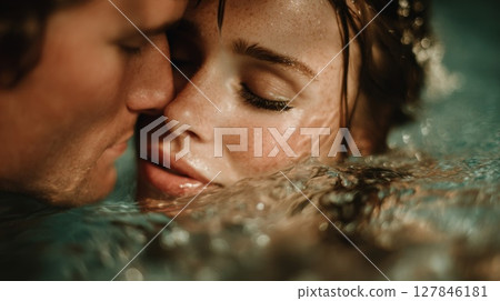 Romantic Couple Kissing Underwater Close Up 127846181