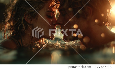Romantic Couple Kissing in Ocean at Sunset 127846200