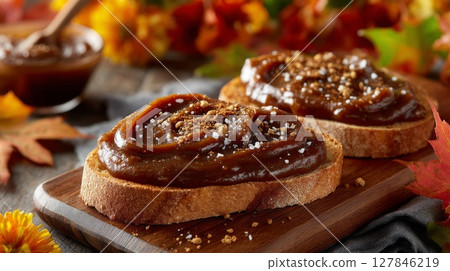 Pumpkin Caramel Spread on Toasted Bread with Autumn Leaves 127846219