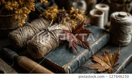 Autumn Still Life with Dried Flowers and Maple Leaves 127846230