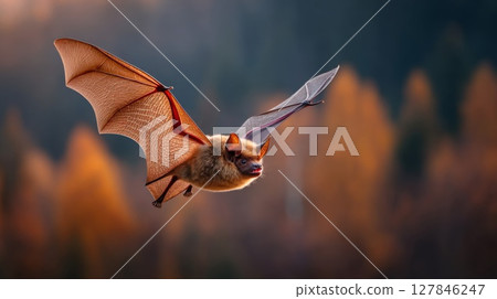 Brown Bat in Flight Against Autumn Forest Background Brown Bat in Flight Against Autumn Forest Background 127846247