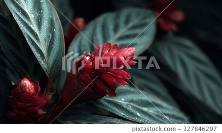 Closeup of a Red Tropical Flower with Dewy Green Leaves 127846297