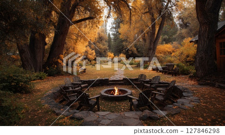Autumn Campfire in Golden Forest 127846298