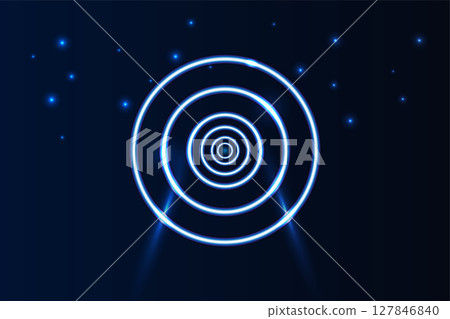 Abstract concentric neon blue circles glowing against a dark backdrop with scattered light particles, perfect for tech or sci fi themes 127846840