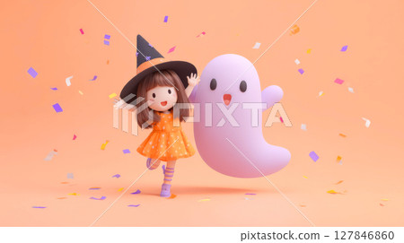 Cute Halloween ghost and witch Cute Halloween ghost and witch 127846860