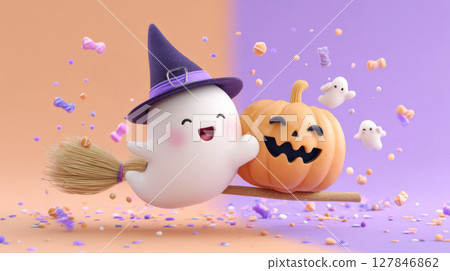 可愛的萬聖節鬼魂和南瓜燈 可愛的萬聖節鬼魂和南瓜燈 127846862