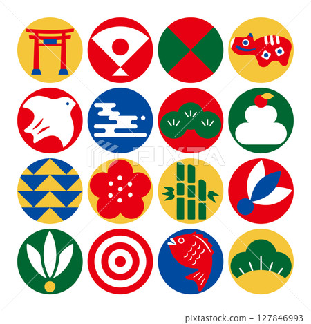 Japanese-style illustrations that can be used for New Year's cards. Japanese-style icon set. Japanese modern illustrations. 127846993
