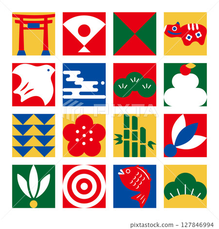 Japanese-style illustrations that can be used for New Year's cards. Japanese-style icon set. Japanese modern illustrations. 127846994