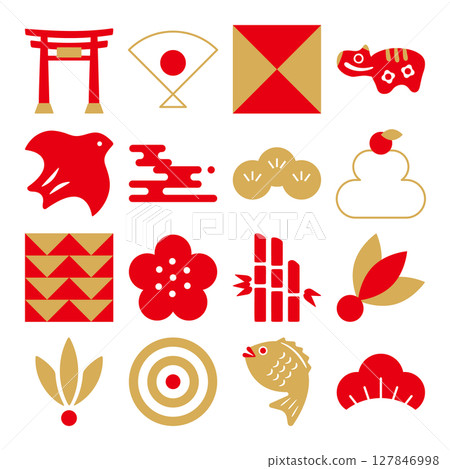 Japanese-style illustrations that can be used for New Year's cards. Japanese-style icon set. Japanese modern illustrations. Japanese-style illustrations that can be used for New Year's cards. Japanese-style icon set. Japanese modern illustrations. 127846998