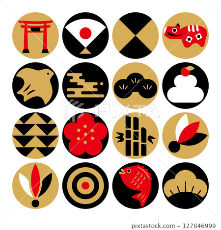 Japanese-style illustrations that can be used for New Year's cards. Japanese-style icon set. Japanese modern illustrations. Japanese-style illustrations that can be used for New Year's cards. Japanese-style icon set. Japanese modern illustrations. 127846999