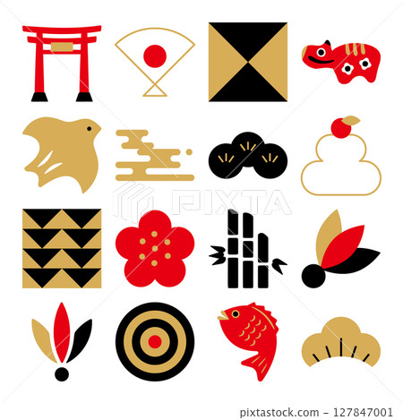 Japanese-style illustrations that can be used for New Year's cards. Japanese-style icon set. Japanese modern illustrations. Japanese-style illustrations that can be used for New Year's cards. Japanese-style icon set. Japanese modern illustrations. 127847001