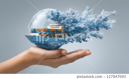 Hand holds globe with cargo ship inside, symbolizing global trade and tariff impact on shipping with dynamic water splash effect Hand holds globe with cargo ship inside, symbolizing global trade and tariff impact on shipping with dynamic water splash effect 127847093