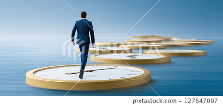 Businessman walks on large clocks over water symbolizing tariff and time management in business with calm blue sky background Businessman walks on large clocks over water symbolizing tariff and time management in business with calm blue sky background 127847097