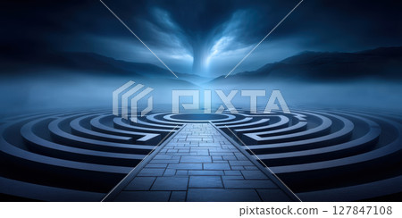 Mysterious labyrinth under dark sky with glowing light and swirling clouds creates surreal scene that challenges mind like tariff 127847108