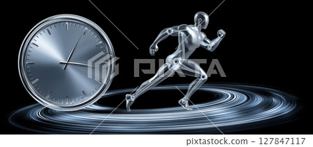 Time management concept with running human figure and clock symbolizing speed and efficiency in e commerce business growth Time management concept with running human figure and clock symbolizing speed and efficiency in e commerce business growth 127847117